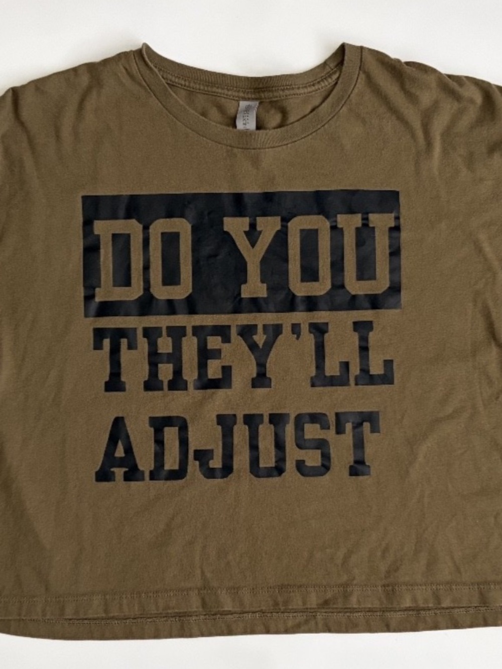 Women's Olive Graphic Crop Top Long Sleeve "Do You Think They'll Adjust" Large